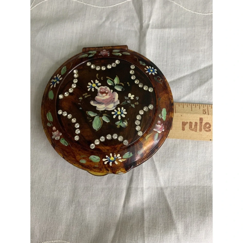 Lucite Mirrored Compact Case Vtg Mavco Rhinestone Hand-painted Floral Tortoise